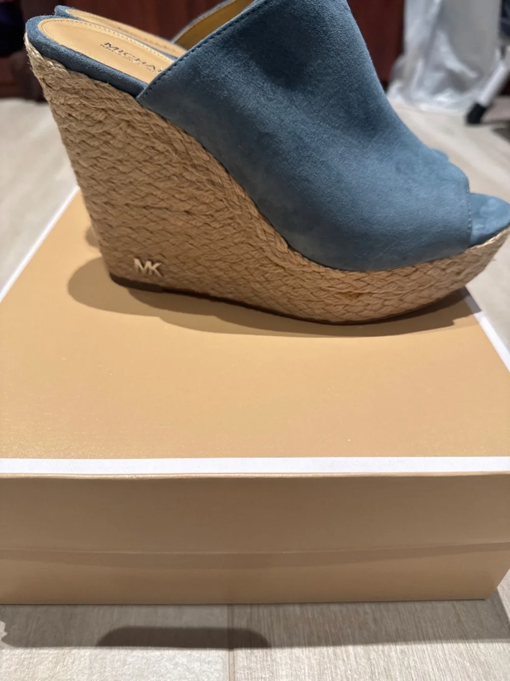 MICHAEL KORS Hastings Espadrille Mule Light Blue Denim Peep Toe Platform Wedges
